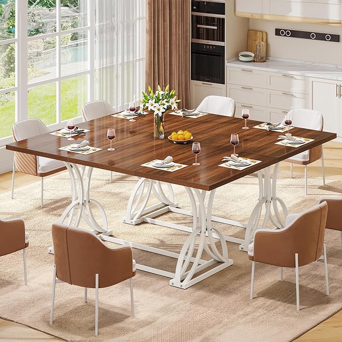 DWVO 70.3" Large Modern Dining Table for 6-8 People, Rectangular Walnut Kitchen Dining Room Table with Thick Tabletop and White Geometric Metal Legs, Farmhouse Wood Dinner Tables