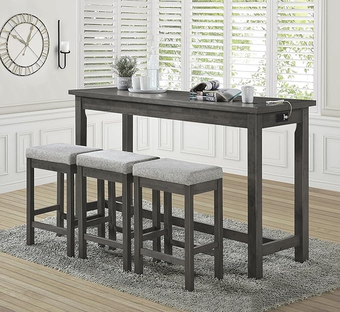 Lexicon 4-Piece Counter Height Table with 3 Stools, Wood Kitchen Counter Table Set with 2 Built-in USB Ports, 2 Charging A/C Power Outlets, Console Drawer, Upholstered Bar Stools, Gray