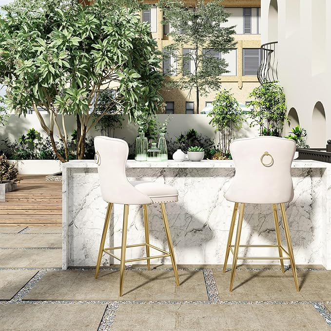 Luxurious Velvet Counter Height Bar Stools Set of 2 with Metal Legs, Button Tufted, Nailheads Trim, Wing-Back Bar Chairs for Kitchen Island Dining Room Pub(Beige)