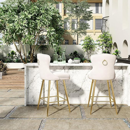 Luxurious Velvet Counter Height Bar Stools Set of 2 with Metal Legs, Button Tufted, Nailheads Trim, Wing-Back Bar Chairs for Kitchen Island Dining Room Pub(Beige)