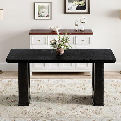 64.5 x 35.4 Inch Modern Black Wood Textured Dining Table with Glass Accent, MDF Top, Anti-Slip Feet for Kitchen, Studio, Family Gatherings