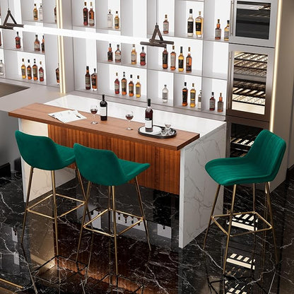 Modern Bar Table and Bar Stools Set, Marble-Look Counter Table with Wood Accent Top & Green Velvet Bar Chairs Set of 3 with Gold Legs, Kitchen Island Pub Table Set for Home Bar, Dining Room