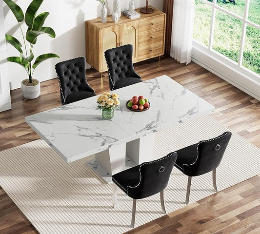 5-Piece Extendable Dining Table Set for 4-8 People 63-78 Inch Kitchen Table Set with 4 Black Upholstered Chairs Modern White Faux Marble Rectangular Dining Room Table Set for Kitchen Apartment