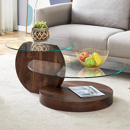 Glass Coffee Table, Modern Round Glass Coffee Table with Wooden Base, 3 Tier Round Coffee Table, Clear Cocktail Table with Storage for Living Room, Office, Balcony (42″ Walnut)