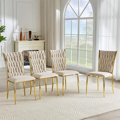Upholstered Dining Chairs Set of 4, Hand-Woven Back Kitchen Chair, Luxury Gold Dining Chairs,Velvet Upholstery with Metal Legs, Modern Velvet Chair for Dining Room、Kitchen、Restaurant