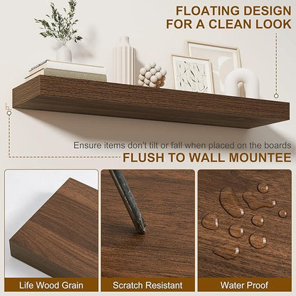 Fun Memories 66 Inch Fireplace Mantel - Long Floating Shelf, Wall Mounted Farmhouse Display with Invisible Heavy Duty Metal Bracket, Walnut, 2 Pack