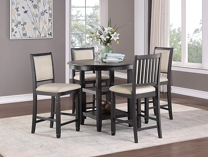 Lexicon Braun 5 Piece Counter Height Dining Table Set, Counter Height Dining Room Set for 4, Including 1 Round Kitchen Table and 4 Beige Fabric Upholstered Chairs, Brown/Black