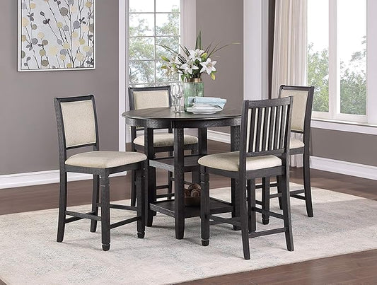 Lexicon Braun 5 Piece Counter Height Dining Table Set, Counter Height Dining Room Set for 4, Including 1 Round Kitchen Table and 4 Beige Fabric Upholstered Chairs, Brown/Black