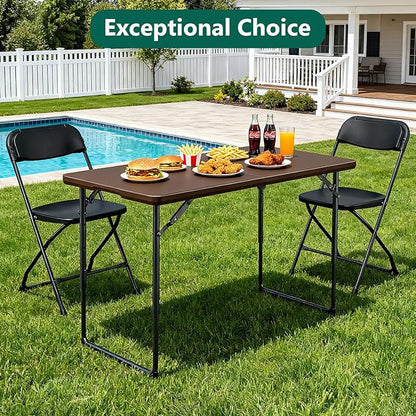 Folding Table 48" x 24" - Heavy Duty Fold-in-Half Plastic Table with Adjustable Height, Portable Utility Tables with Steel Legs for Indoor, Outdoor, Picnic, Camping, Dining, Party (Brown)