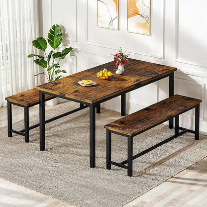 Lamerge Dining Room Table Set with 2 Benches, Dining Table Set for 4-6, Kitchen Table Set for Home Kitchen, Dining Room, Restaurant, Space Saving, Rustic, 3 Pieces Dining Furniture Set (05-Brown)