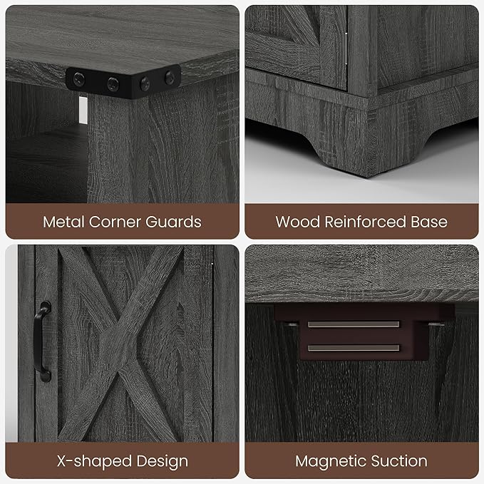 RoyalCraft 25" Tall LED Nightstand with Charging Station, Farmhouse Nightstand with Led Lights, Wooden Rustic Side Table for Bedroom, Dark Grey End Table with Storage