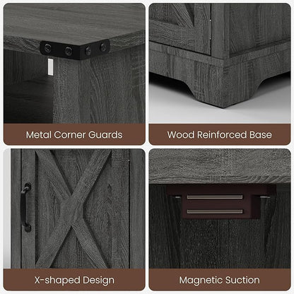 RoyalCraft 25" Tall LED Nightstand with Charging Station, Farmhouse Nightstand with Led Lights, Wooden Rustic Side Table for Bedroom, Dark Grey End Table with Storage