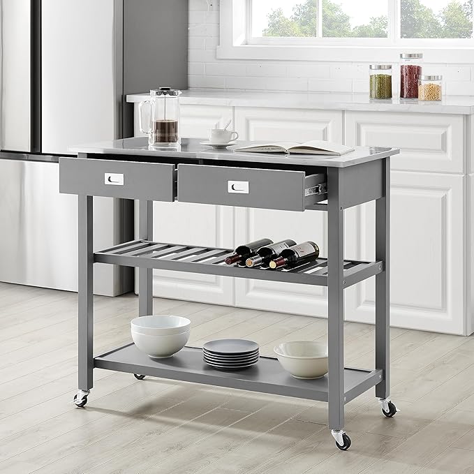 Crosley Furniture Chloe Stainless Steel Top Rolling Kitchen Island Storage Cart, Microwave Stand, Wine Rack, Gray