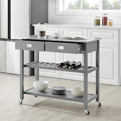 Crosley Furniture Chloe Stainless Steel Top Rolling Kitchen Island Storage Cart, Microwave Stand, Wine Rack, Gray