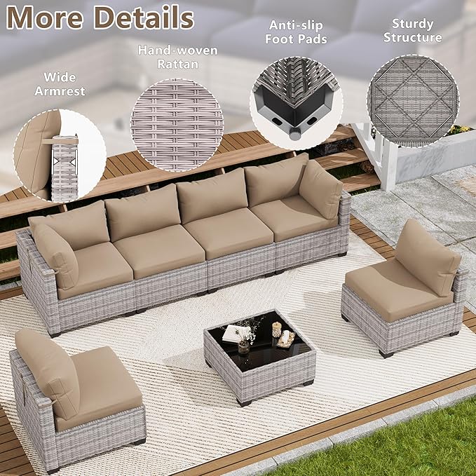 LOUVIXA 7 Piece Outdoor Patio Furniture Set, Outdoor Sectional Sofa, Wicker Rattan Patio Furniture, Patio Conversation Set with Coffee Table & Cushions