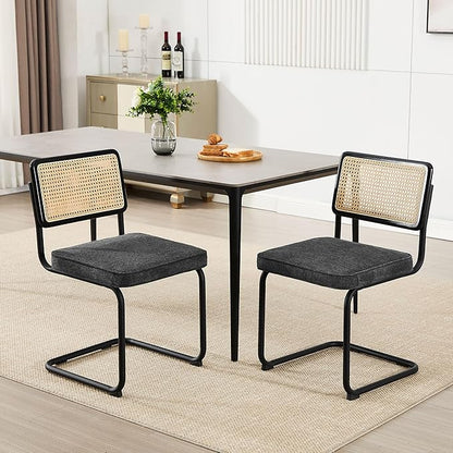 Zesthouse Natural Rattan Dining Chairs Set of 4, Mid Century Modern Dining Chairs with Solid Wood Back & Black Matte Base for Kitchen, Breuer Design Inspired, Upholstered Linen Fabric, Dark Grey