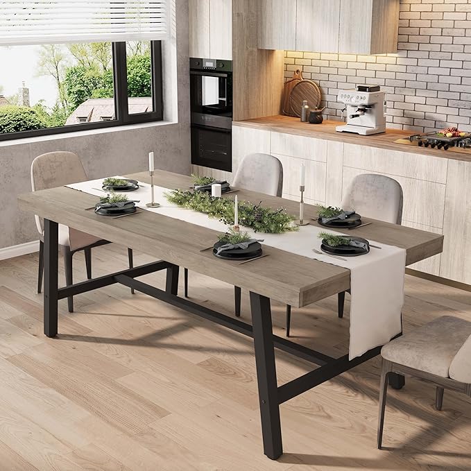 GarveeHome 70.87 in Industrial Dining Table for 6-8 People, Long Rectangular Table for Dining Room & Kitchen, Heavy Duty Metal Frame, Rustic Grey, Multipurpose Dining & Work Table