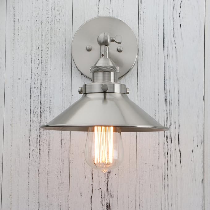 PERMO Vintage Industrial Metal Wall Sconce Lighting Brushed Nickel Sconces 180 Degree Adjustable Wall Lamp