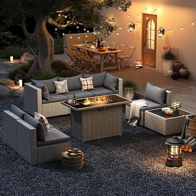 UDPATIO Patio Furniture Set with Fire Pit Table, 8 Pieces Outdoor Sectional Sofa, PE Wicker Patio Conversation Set for Garden, Backyard Grey
