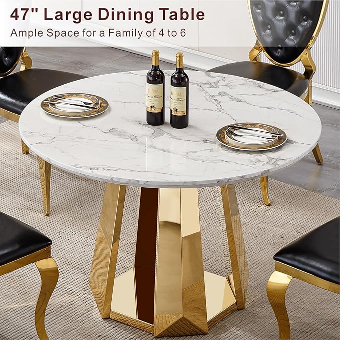 47" Round Marble Dining Table for 4-6, Luxury Modern Kitchen Table with Marble Grain MDF Tabletop & Gold Mirrored Stainless Steel Pedestal Base, Grey Stone Dinner Table for Dining Room (Table Only)