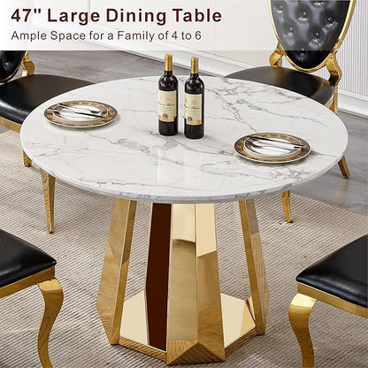 47" Round Marble Dining Table for 4-6, Luxury Modern Kitchen Table with Marble Grain MDF Tabletop & Gold Mirrored Stainless Steel Pedestal Base, Grey Stone Dinner Table for Dining Room (Table Only)