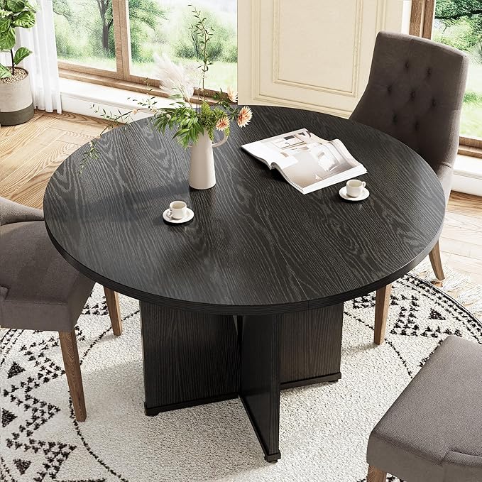 LITTLE TREE 39-Inch Dining Table for 4, Rustic Kitchen Table, Round Dining Table with X-Shaped Stable Pedestal, Farmhouse Dinner Table for Dining Room, Living Room