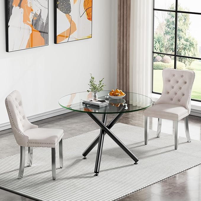 35.4'' Round Dining Table for 4 or 2, Glass Small Kitchen Table with Black Metal Tube Legs for Dining Room Living Room, Round Accent Tea Table Circular Dining Table