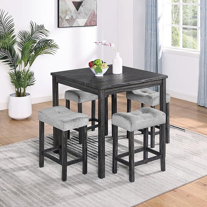 Ball & Cast 5 Piece Wooden Dining Table and Chairs Set for 4, 24"H Tufted Counter Stools with 34.2" Square Bar-Table, Industrial Breakfast Table with 4 Padded-Stool for Kitchen Island Playroom, Black