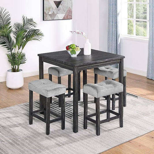 Ball & Cast 5 Piece Wooden Dining Table and Chairs Set for 4, 24"H Tufted Counter Stools with 34.2" Square Bar-Table, Industrial Breakfast Table with 4 Padded-Stool for Kitchen Island Playroom, Black