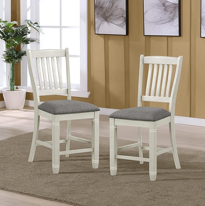 Lexicon Counter Height Stools Set of 2 Saratoga Kitchen Counter Stools Upholstered Foam Padded Seat, Slat Back, Solid Wood Frame, Farmhouse Rustic Chair, Easy Assembly, 24.5" Seat Height,Antique White