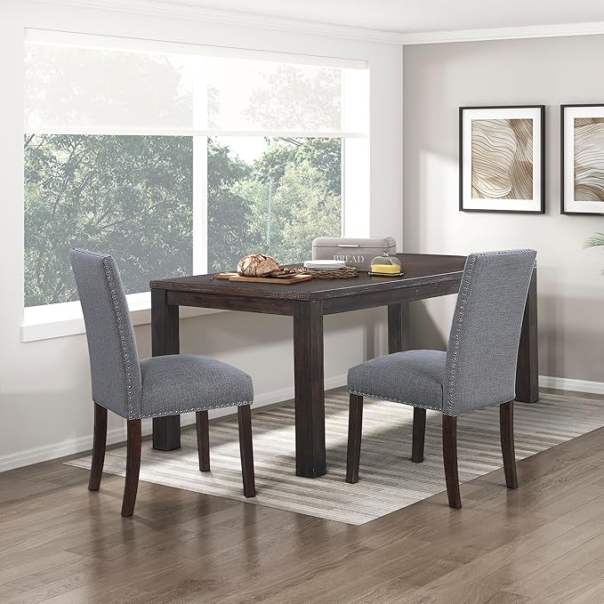 Lexicon Upholstered Dining Chairs Set of 2 - Soft Durable Fabric Armless High Back Kitchen Modern Dining Room Chairs for 2, Nailhead Trim Side, Brushed Brown Sturdy Wooden Frame, Easy Assembly, Gray