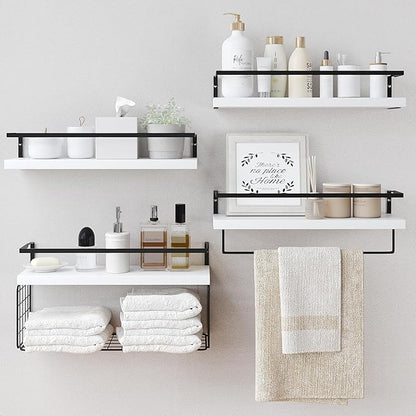 White Wood Floating Shelves Wall Mounted - 4+1 Tier Rustic Bathroom Wall Shelves Over Toilet with Wire Storage Basket and Towel Bar, set of 4 Farmhouse Floating Shelf for Bathroom, Kitchen, Bedroom.