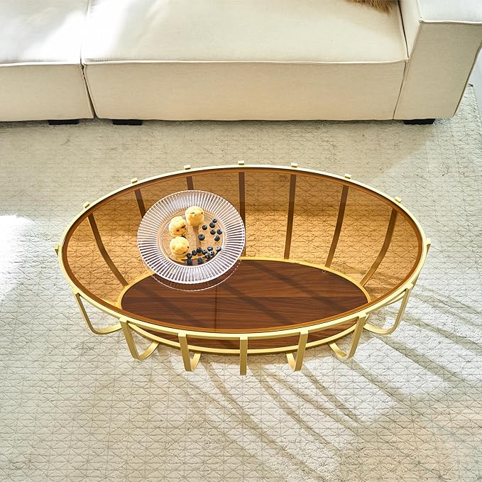 Saint Mossi Mid Century Modern Coffee Table, Glass Oavl Center Table for Living Room, Brown Glass Top and Walnut Shelf with Gold Finish Legs, D42xW23xH16