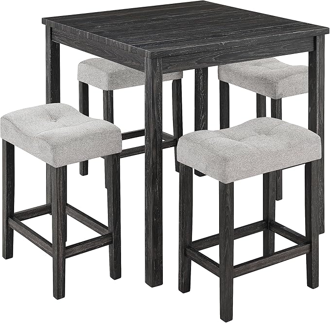 Ball & Cast 5 Piece Wooden Dining Table and Chairs Set for 4, 24"H Tufted Counter Stools with 34.2" Square Bar-Table, Industrial Breakfast Table with 4 Padded-Stool for Kitchen Island Playroom, Black
