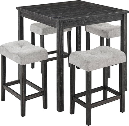 Ball & Cast 5 Piece Wooden Dining Table and Chairs Set for 4, 24"H Tufted Counter Stools with 34.2" Square Bar-Table, Industrial Breakfast Table with 4 Padded-Stool for Kitchen Island Playroom, Black