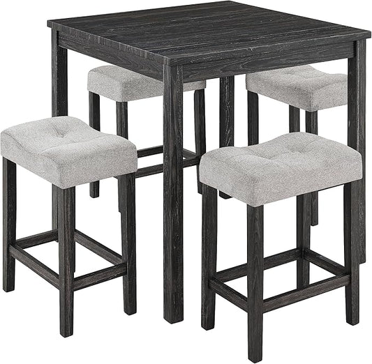 LKTART Dining Bar Table and Chairs Set 5 Piece Bar Table Set, Industrial Breakfast Table with 4 Padded Stools for Kitchen Dining Room Living Room (Black + Gray)