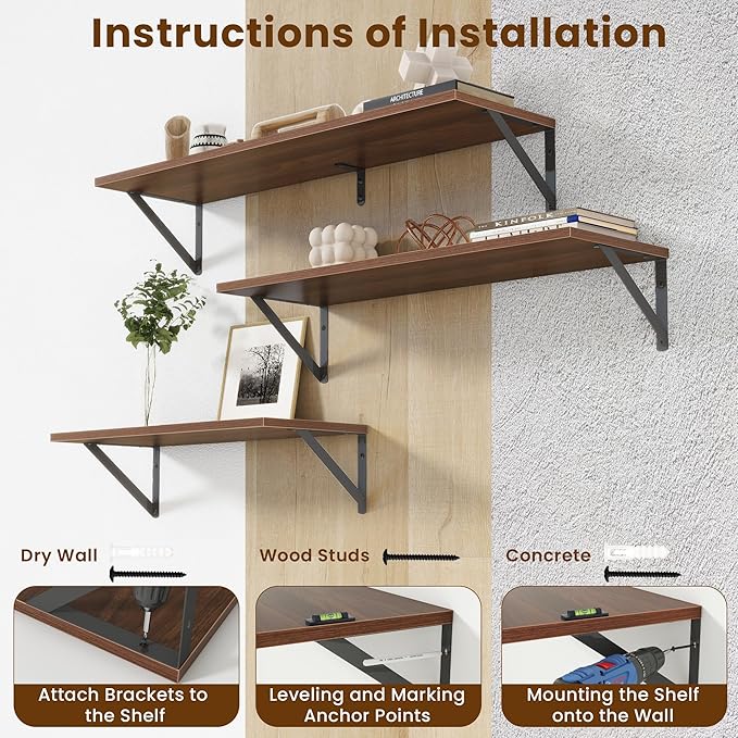Acovy 55" Long Wall Mounted Floating Shelves,8 inch Deep Floating Shelf with Metal Brackets Set of 2,Easy-to-Install Wall Decor Storage Ledges for Living Room,Bathroom,Bedroom,Kitchen,Office,Walnut