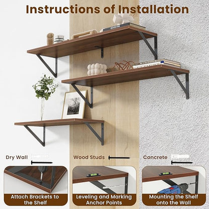 Acovy 55" Long Wall Mounted Floating Shelves,8 inch Deep Floating Shelf with Metal Brackets Set of 2,Easy-to-Install Wall Decor Storage Ledges for Living Room,Bathroom,Bedroom,Kitchen,Office,Walnut