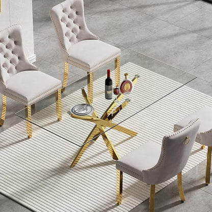 51" Glass Dining Table for 4-6, Modern Dining Room Table with 0.39" Tempered Glass Top and Cross X-Shaped Gold Stainless Steel Base, Rectangle Kitchen Dinner Table for Dining Room