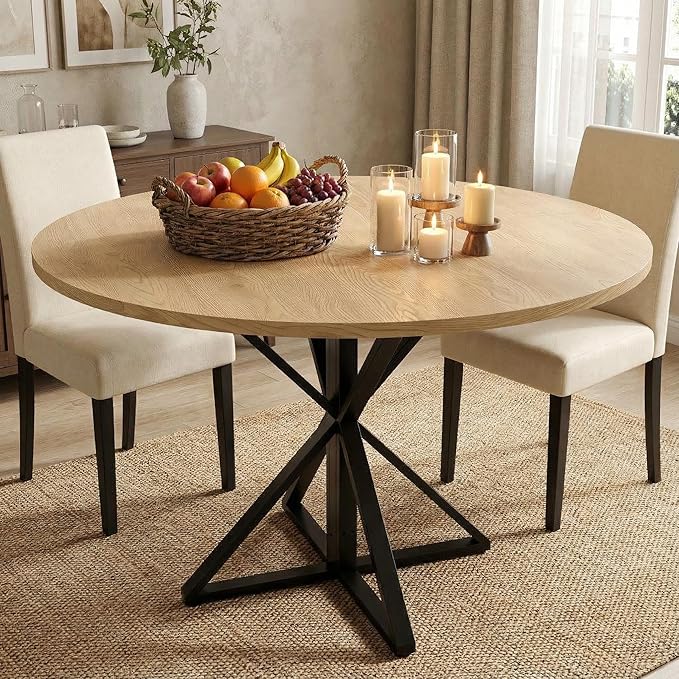 GarveeHome 47 Inch Round Dining Table for 4-6, Circle Kitchen Table with Pedestal Base, Farmhouse Wooden Dining Table for Small Spaces, Kitchen & Dining Room, Living Room-Oak/Only Table
