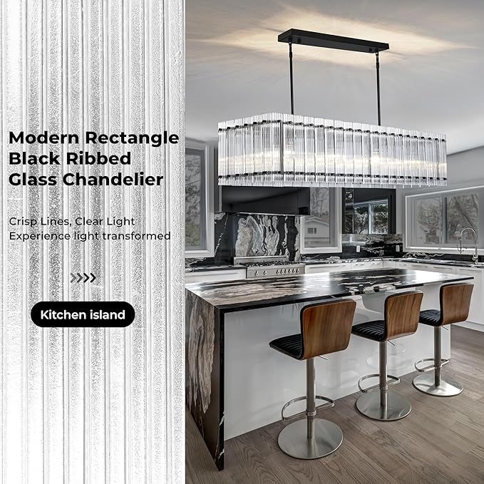 IKK Modern Rectangle Black Chandeliers for Dining Room, 40" Ribbed Glass Island Light Fixture, Linear Farmhouse Lighting with Adjustable Height for Kitchen Island, Living Room