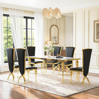 Glass Dining Table Set for 6, Luxurious 70 Inch Rectangular Glass Kitchen Table with 6 Black High Back Leather Chairs, for Dining Room, Restaurant, Living Room (White Top)