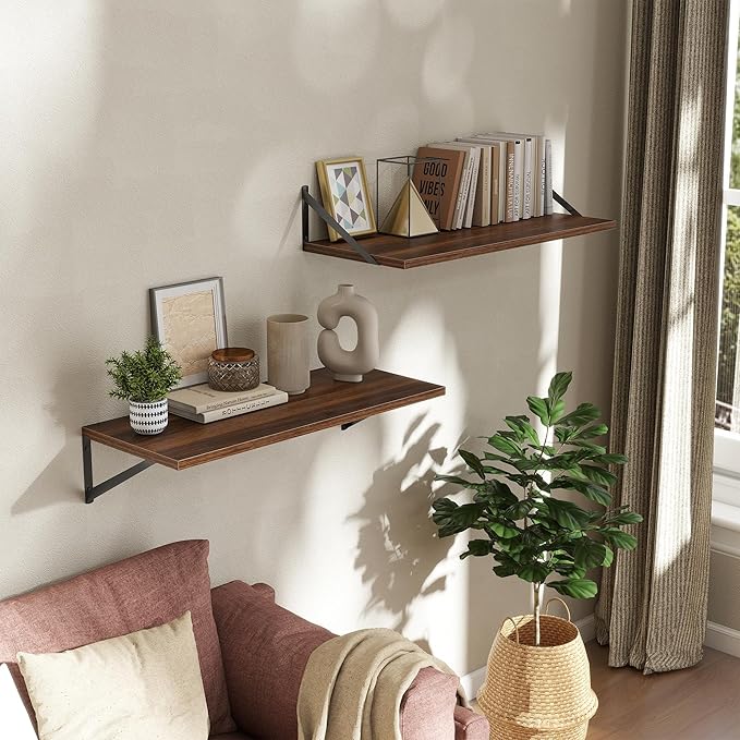 Acovy Deep Floating Shelves Wall Mounted, 30"x12" Walnut Wall Shelves with Brackets Set of 2 for Bedroom, Living Room, Bathroom, Kitchen, Office - Storage & Display Shelf for Decor, Books, Plants