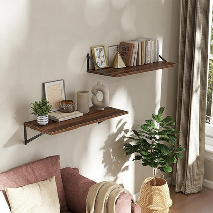 Acovy Deep Floating Shelves Wall Mounted, 30"x12" Walnut Wall Shelves with Brackets Set of 2 for Bedroom, Living Room, Bathroom, Kitchen, Office - Storage & Display Shelf for Decor, Books, Plants