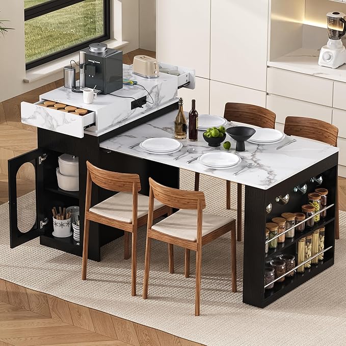 Versatile Extendable Dining Table with Hidden Wheels and Drawers, Farmhouse Kitchen Island with Charging Station and Glass-Door, Sideboard for Kitchen and Dining Room (Black)