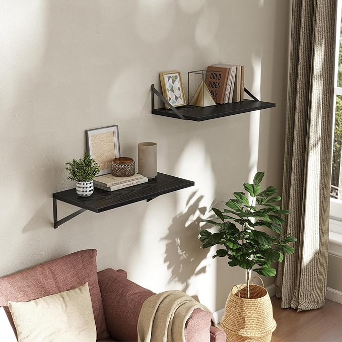 Acovy Deep Floating Shelves Wall Mounted, 24"x12" Black Wall Shelves with Brackets Set of 2 for Bedroom, Living Room, Bathroom, Kitchen, Office - Storage & Display Shelf for Decor, Books, Plants