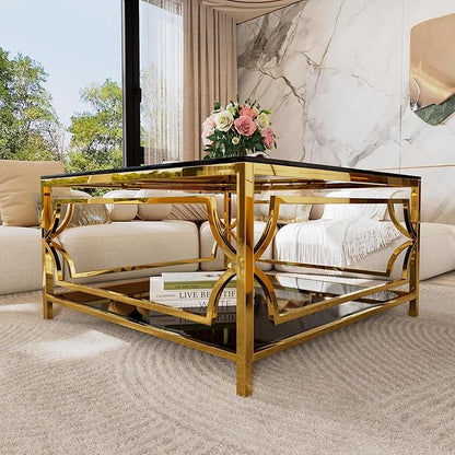 Harper & Bright Designs Square Glass Coffee Table in 33.5",Luxurious Geometric Metal Frame,Gold Finish & Lower Shelf