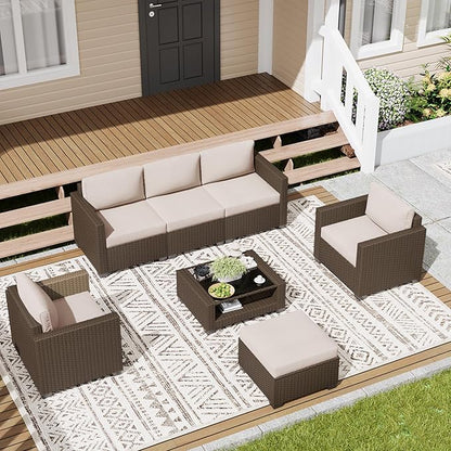 LOUVIXA 7 Piece Outdoor Patio Furniture Set, Rattan Chairs Glass Table Wicker Conversation Seating Sectional Sofa with Cushions (Brown-Beige, 7Pcs-2 Layer Coffee Table)
