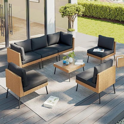 Aoxun Patio Furniture Set, 7 Piece Outdoor Sectional Sofas with Thick Cushion, Wicker Outdoor Patio Furniture Set with Coffee Table for Party, Garden, Backyard, Black