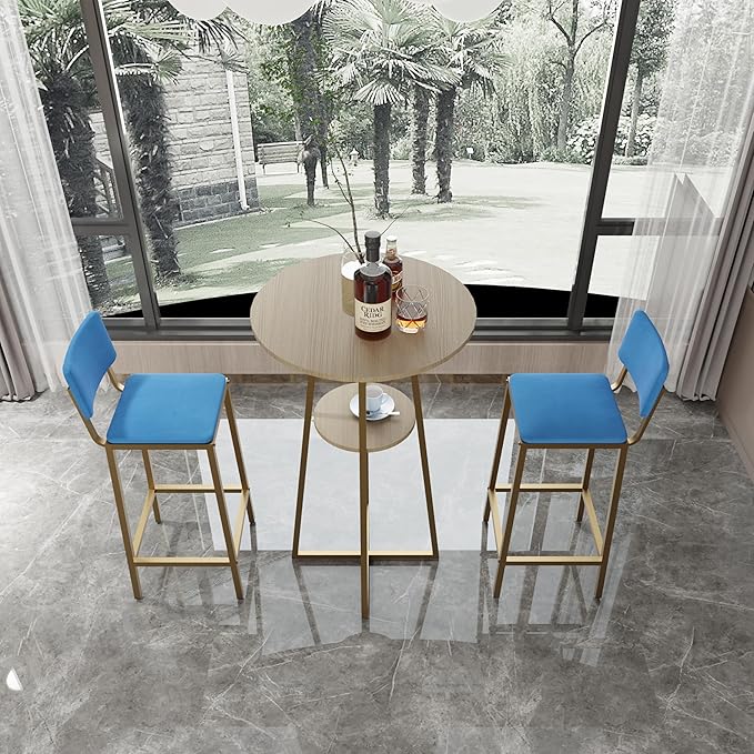 Bar Height Table and Chairs Set-3-Piece Frame Bar Table,Upholstered Chairs, Perfect as Kitchen Table, Kitchen Island Seating,Dining Table with Chairs (Gold+Blue,Gold+Brown)